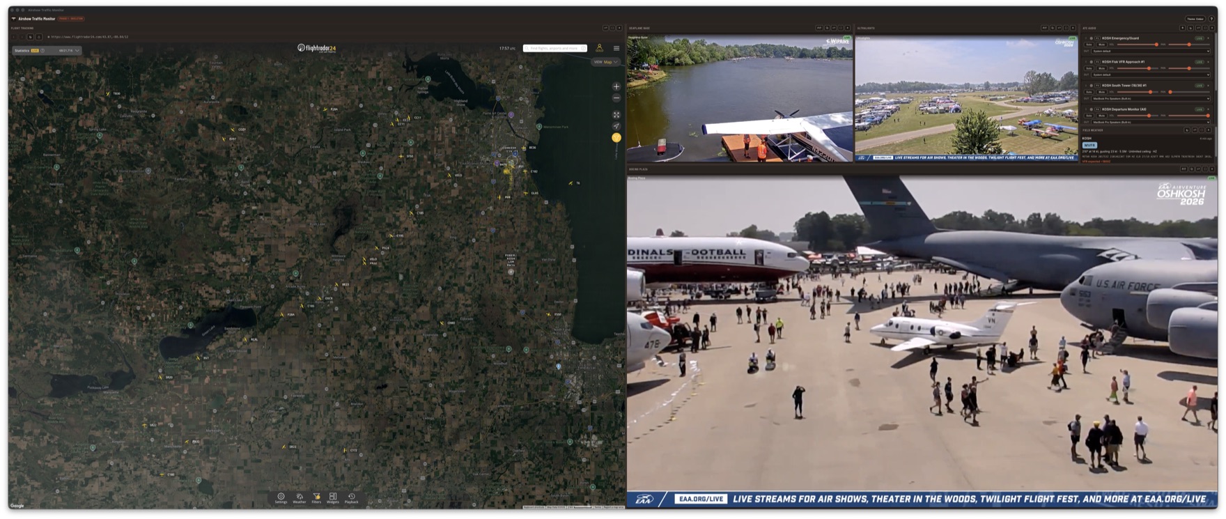 The Airshow Traffic Monitor dashboard: a FlightRadar24 map beside a grid of live airfield webcams and a column of ATC audio channels