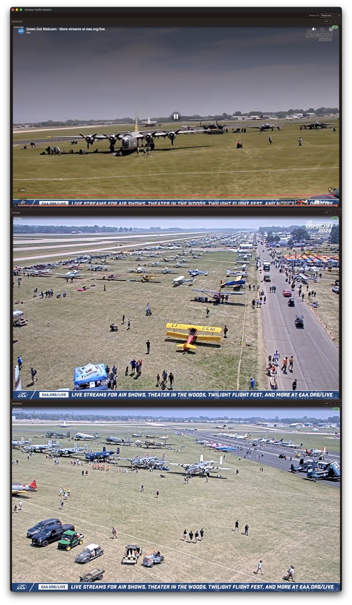A vertical monitor stacking three live airfield webcam feeds — warbirds, vintage aircraft, and the flight line